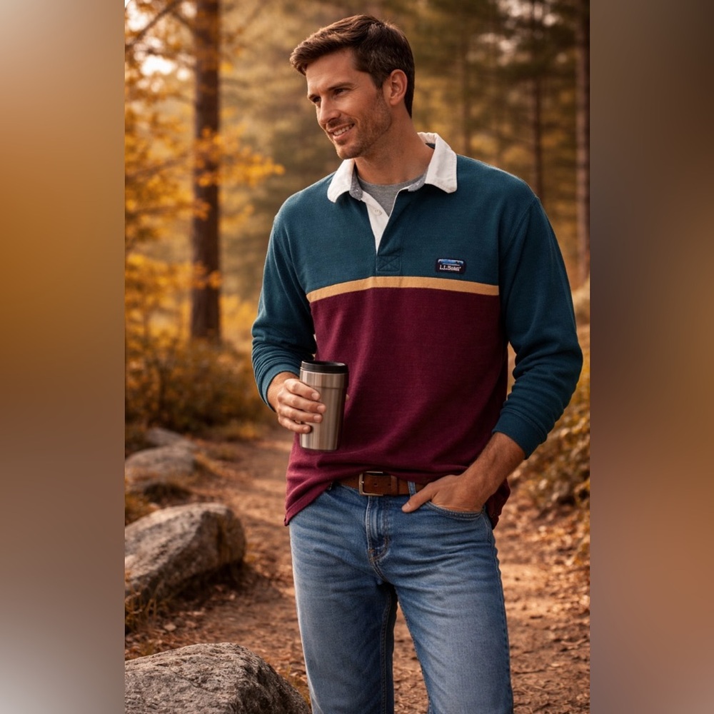 L.L. Bean Vintage Lakewashed Rugby Polo, Teal and Burgundy size M-Tall